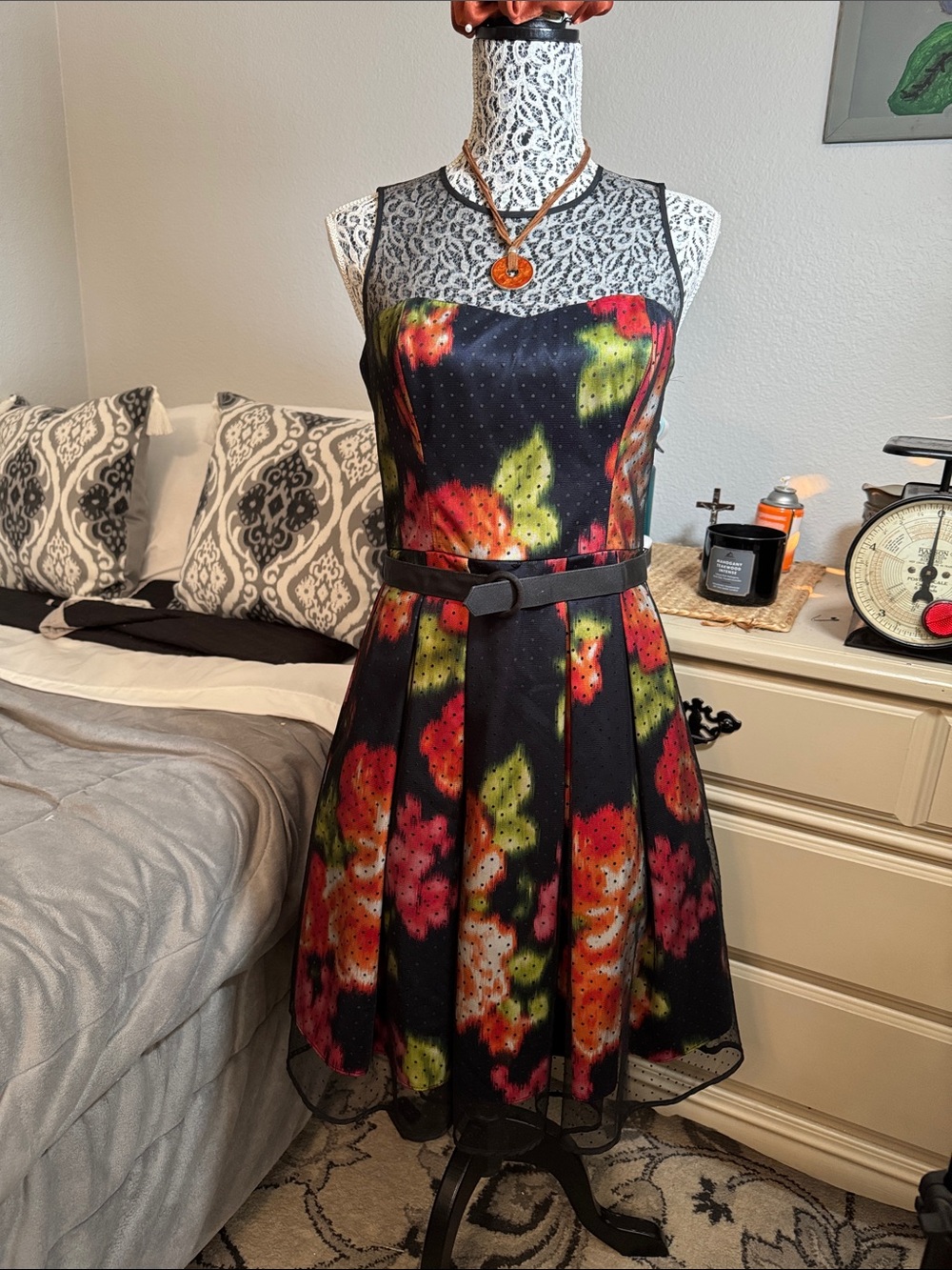 Eliza J Navy Midi Fit-and-Flare Dress with Red & Green Floral Print Sz 4